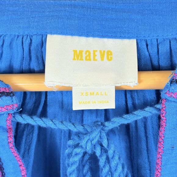 Maeve Bright Blue Native Cross Stitch Boho Peasant Western Shirt Top‎ Womens XS - Picture 7 of 8